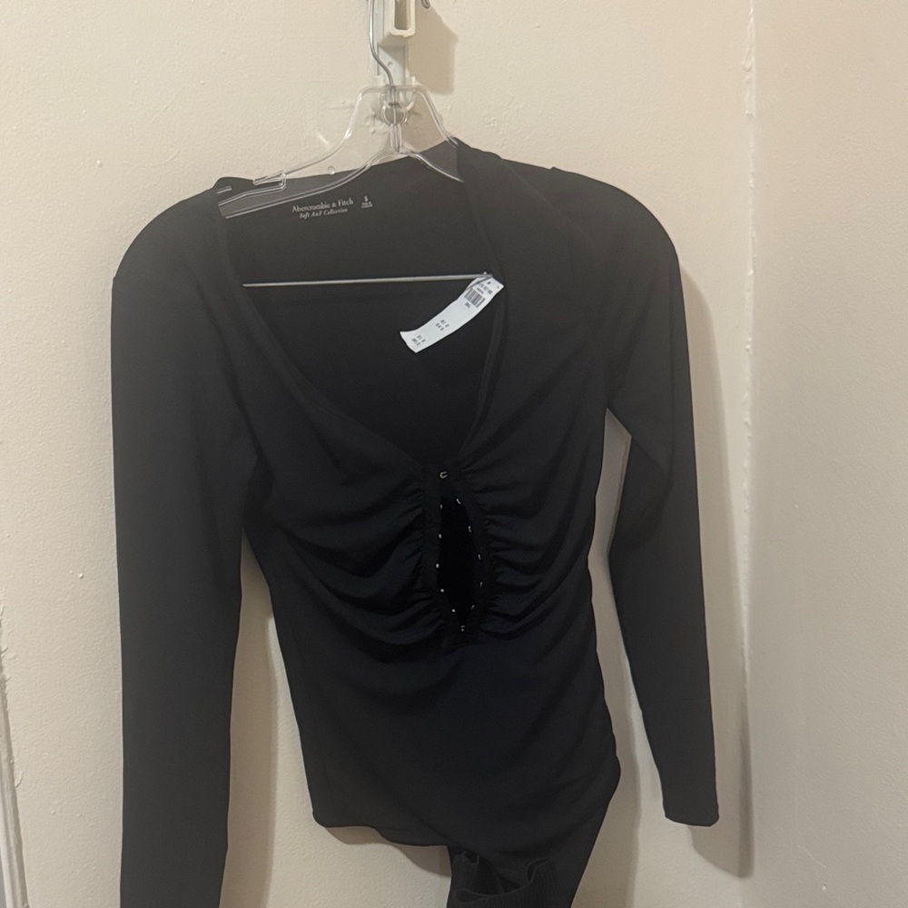 Abercrombie Black Ruched Long Sleeve Bodysuit